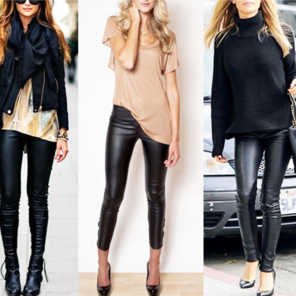 133. CLEARANCE! Leggings Black Vegan Faux Leather High Waist Stretch Staple